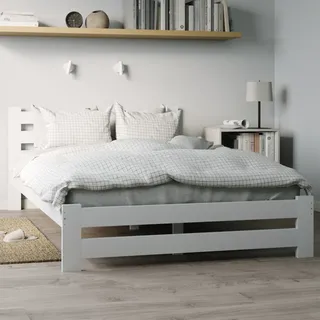 Holzbett 90x200 cm mit Lattenrost Modern Bett Bed Kiefer Massiv Bettgestell Einzelbett Massivholzbett Klassisch | Boho Landhaus Kopfteil flach natur - Weiß