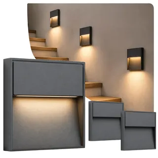 SSC-LUXon 3 Stück ELEVA Treppenleuchte eckig anthrazit IP54 LED warmweiß 4W | Design Stufenleuchten anthrazit für Treppe, Wege & Hauseingang - warmweiß indirektes Licht, wetterfest IP54 für Innen & Außen