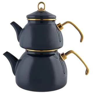 KARACA Retro Emaille Teekannen Set, Anthracite, Induktionsgeeignet, Teekocher, Wasserkocher, Teeaufguss 1,1L, Wasserkanne 2,3L, Türkische Teekessel, Tea Maker, Caydanlik