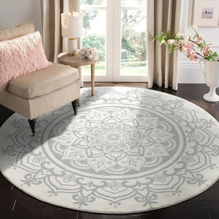 Carvapet Teppich Rund 150cm Weich und Flauschig Teppich Gegend Kreis rutschfest Waschbar Böhmisches Mandala Bodenteppich Wohnzimmer Schlafzimmer(Grau Mandala)