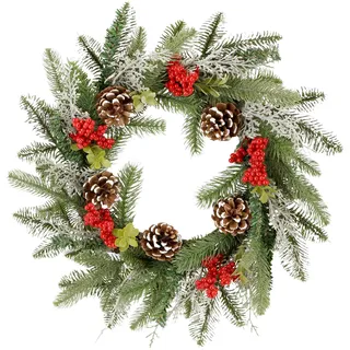 Zavothy Türkranz Weihnachten 50 cm, Weihnachtskranz, Künstlicher Kranz mit Tannenzapfen und Weihnachtskugeln, Adventskranz, Weihnachtsdeko, Haustür Dekoration, Hellgrün und Rot