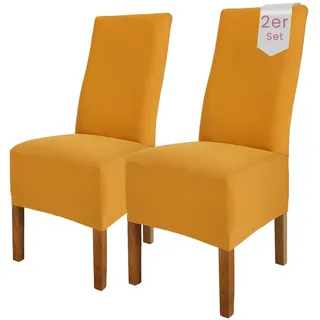 Scheffler Home Stuhlhussen Emma Senfgelb 2er Set aus Jersey Baumwolle – Elastische Stuhlbezüge für Hochlehner und Polsterstühle, waschbar und formstabil, Oeko-TEX Zertifiziert