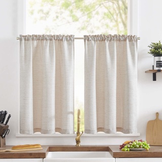 TOPICK Scheibengardine Leinenoptik Bistrogardine Uni Kurzer Küche Vorhänge Gewebe Gitter Lichtfilterung Paarig Schals für Wohnzimmer Landhaus Kleine Fenster 90x60cm Beige 2er Set