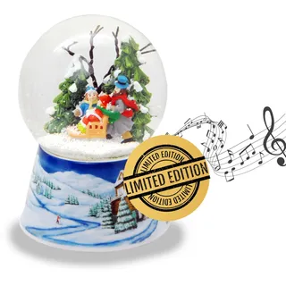 Schneekugel Familie Winterspaziergang | Sockel Winterlandschaft Mittelblau | Spieluhr Stille Nacht, Heilige Nacht | Schüttelkugel Weihnachtsdekoration | B: 10 cm H: 14 cm | 20153