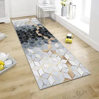 WTHYGB Teppich Läufer Flur Teppichläufer Küchenläufer Küche Teppiche rutschfest Waschbar Bettvorleger für Flur Waschküche, 60x180cm Geometrische Raute