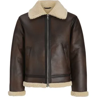 Outdoorjacke JACK & JONES "JORNORREBRO AVIATOR JACKET SN", Herren, Gr. XS, braun (chocolate braun), Web, Obermaterial: 100% Polyester, unifarben, normal, Jacken Outdoorjacke, Lederimitat, mit Teddy Besatz, im Flieger Look