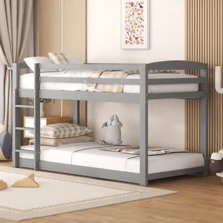 Flieks Etagenbett 90x200cm, Hochbett mit Leiter, Kinderbett mit Rausfallschutz, Massivholzbett Stockbett mit Lattenrost, Spielbett für Kinder, Grau - Grau