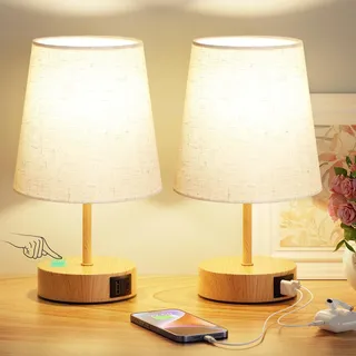 PreeOtti Nachttischlampe Touch Dimmbar 2er Set, Tischlampe mit USB A+C-Ladefunktion, Leinen-Lampenschirm, Moderne Kleine Lampe für Nachttisch Schlafzimmer Wohnzimmer Babyzimmer Büro