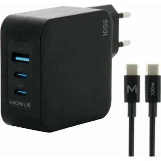 Mobilis Charger 100W 2USB C 1USBA GaN cable 100W Laptop, Smartphone, Tablets Schwarz