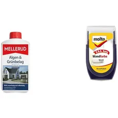 MELLERUD Algen & Grünbelag Entferner | 1 x1 l | – Effizientes Reinigungsmittel zum Entfernen von Algen und Grünbelag & Molto S.O.S easy Wandfarbe 30ml, weiss