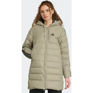 Daunenjacke ADIDAS SPORTSWEAR "ESSENTIALS CLIMAWARM 3-STREIFEN LIGHT DAUNENPARKA MIT KAPUZE", Damen, Gr. XS, grün (silber pebble), Obermaterial: 100% Polyester. Wattierung: 80% Entendaune, 20% Federn, Jacken Daunenjacke, für Erwachsene, mit wärmender Wattierung aus Entendaune und Federn
