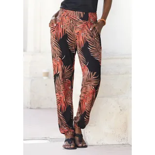 Strandhose LASCANA "aus leichter, fließender Viskose und Palmenprint", Damen, Gr. 40, N-Gr, braun (braun, orange), Jersey, Obermaterial: 100% Viskose, bedruckt, figurumspielend lang, Hosen Strandhose, mit Palmenblätterdruck, leichte Jerseyhose, Sommerhose, Schlupfhose