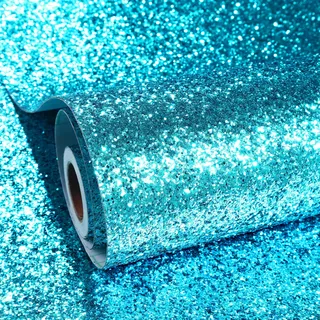 ReWallpaper Tapete Blau mit Glitzer Selbstklebende Folie Glitzer Blau für Basteln Kinder DIY 40CMx3M Pailletten Tapete Türkis Blaue für Puppenhaus Schlafzimmer Flur Glitzereffekt Strukturtapete