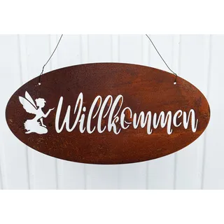 Schild Willkommen mit Elfe zum Aufhängen 40x20cm Edelrost Gartendeko Rost Wandhänger Wanddeko Tafel Spruchtafel Metall Türdekoration Geschenk