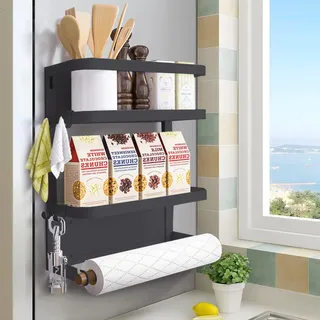 Dr.BeTree Kühlschrank-Gewürzregal, magnetisches Regal mit Papierhandtuchhalter, 2 Etagen, für Küche, Kühlschrank, Aufbewahrungsregal (schwarz, mittel)