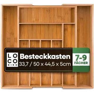 Loco Bird Besteckkasten für Schubladen aus Bambus ausziehbar bis 50cm - Besteckeinsatz für Schubladen verstellbar - Besteck Organizer Küche Holz - Schubladeneinsatz Küche - Cutlery Organizer