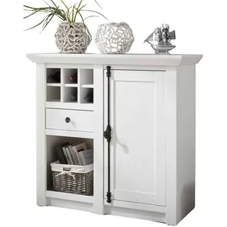 Furn.Design Kommode Pinie weiß Landhaus 105 cm, Anrichte mit Weinregal , Metall , Nachbildung,Pinie , Holz Optik, Uni , Sockel , 105x100x45 cm , Kleinmöbel, Kommoden, Kommoden