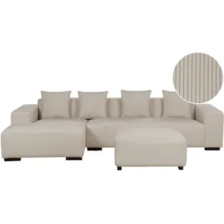 Beliani 4-Sitzer Ecksofa Cord Beige mit Ottomane rechtsseitig