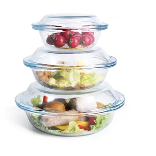 HUSANMP Rund Auflaufform aus Gehärtetem Glas Set, Glas Backform mit Deckel für Backofen, Gefrierschrank und spülmaschinenfest (0,5L + 1,0L + 1,8L)
