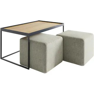 Novel Couchtischset , Eichefarben, Beige , Holz, Textil , 3-teilig , Eiche , massiv , rechteckig , 60x39x100 cm , Holzmöbel, Holztische, Wohnzimmertische Holz, Couchtische Holz