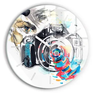 Wallfluent Wanduhr – Stilles Quarzuhrwerk - Uhr Dekoration Wohnzimmer Schlafzimmer Küche - Zifferblatt mit Striche - weiße Zeiger - 30 cm - Fotografin - Blau