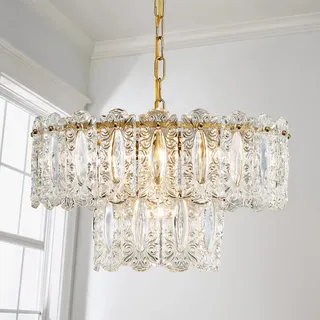 Saint Mossi Kristall Kronleuchter, Vintage-Hängelampe, mit 4 Lichtern, 46 x 25 cm, 2-stöckiger Glasschirm und Messing-Finish