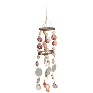 Relaxdays Windspiel mit Muscheln, maritimes Holz Klangspiel für Balkon, Garten, Strand-Deko, Capiz Mobile, 75 cm, natur