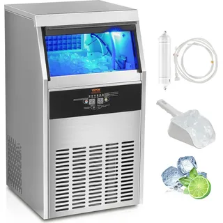 Vevor Kommerzieller Eiswürfelbereiter Eismaschine 56 kg / 24 h, Leichte Würfeleismaschine 15 kg Eisspeicherkapazität 60 Stk. Eiswürfel, Edelstahl Eiswürfelbereiter inkl. Wasserfilter & Eisschaufel