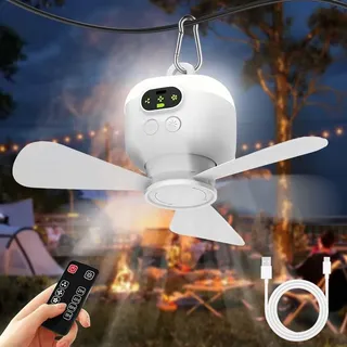 Deckenventilator Akku mit Beleuchtung Camping, Aufladbar Deckenventilator mit Licht und Fernbedienung, USB, Timer, Mobiler Ventilator Akku für Outdoor Außenbereich, Pavillon Terrasse (28cm-8000mAh)