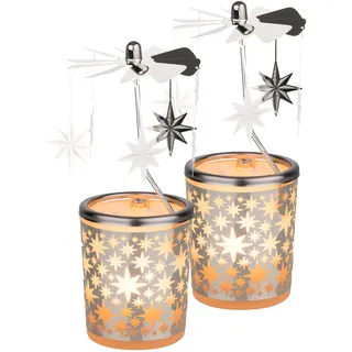 2er Set WEIHNACHTLICHES WINDLICHT/TEELICHT ZUR ADVENTSZEIT aus Glas mit KARUSSELL [Motiv Sterne] Höhe 15 cm – Dekoratives Teelicht zur Weihnachtszeit inkl. Teelichter