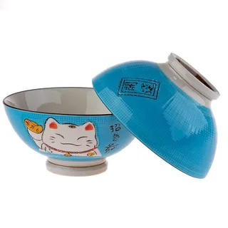 Lachineuse 2-tlg. Porzellan Suppenschalen Katzenmuster Maneki Neko Blau