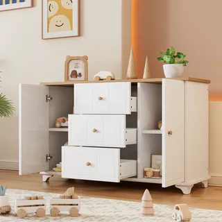 MODFU Kommode Sideboard mit 3 Schubladen und 2 Türen, Schrank Buffet mit Griffen für Wohnzimmer, Schlafzimmer, Kinderzimmer, Jugendzimmer und Büro, Weiß+Natur