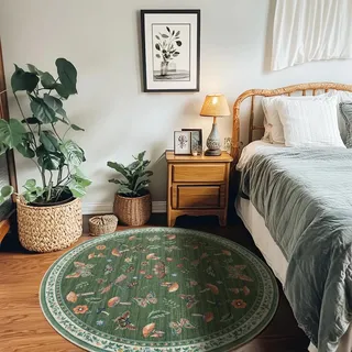 CAROMIO Runder Teppich 120 cm mit Schmetterlings- & Pilz-Motiv, Waschbarer & Rutschfester Kurzflor-Teppich, Weicher Bodenbelag für Schlafzimmer Kinderzimmer, Grasgrün