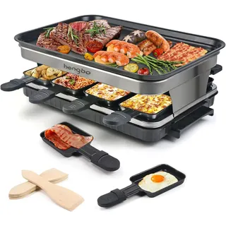 Raclette Grill mit 8 Mini Raclette Pfännchen & 4 Holzspatel Stufenlos Regulierbare Temperatur, 1500W, Antihaftbeschichtet,Edelstahl - Schwarz