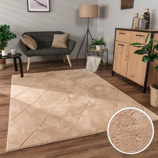 Paco Home Teppich Wohnzimmer Schlafzimmer Kurzflor Modernes Skandinavisches Muster Rauten Motiv Flauschig 3D Grau Anthrazit, Grösse:230x340 cm, Farbe:Beige 2