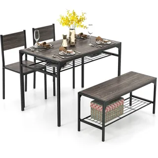 FANTASK Esszimmertisch Set 4-teilig, Küchentisch Industrie mit 2 Stühlen & 1 Bank & Regal, Esstisch für Küche Esszimmer (grau)