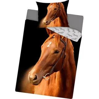 BrandMac Pferde-Bettwäsche aus 100% Baumwolle - Pferdekopf - Deckenbezug 140 x 200 cm - Kissenbezug 70 x 90 cm - robuste Leinenqualität, - Blau