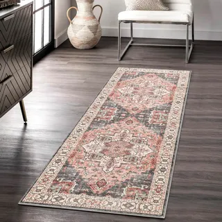 Carvapet Läufer Teppich 60x180cm rutschfest Lang Teppichläufer Waschbar Mikrofaser Vintage Medaillon Rosa Teppich Flächenteppich Laufteppich