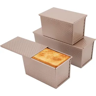MUKSEUT 3 Stück Gold Toastbrot Backform mit Deckel, 2 x 450g und 1 x 750g | 2 Größe, 31.5x11.5x11cm und 21x11.5x11cm, Well Toastbrotform, Antihaft Brotbackform Rechteckige, für Brot Toast Kuchen