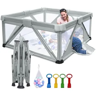 Baby Laufgitter faltbar, Heyo.Ja großer Spielhof, Laufgitter für Babys und Kleinkinder, Spiel Stifte für Babys und Kleinkinder mit Tor, tragbarer Laufstall für drinnen und draußen (150 x 180 x 68 cm)