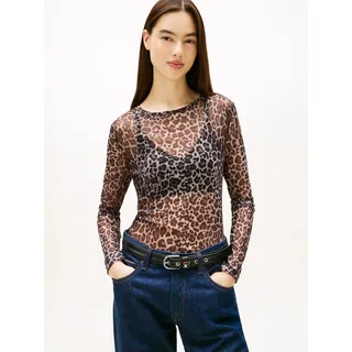 Langarmshirt TOMMY JEANS "TJW SLIM AOP MESH LS TOP EXT", Damen, Gr. M (38), leopard aop, Single Jersey, Obermaterial: 95% Polyester, 5% sonstige Fasern, bedruckt, slim fit, Rundhals, Shirts Langarmshirt