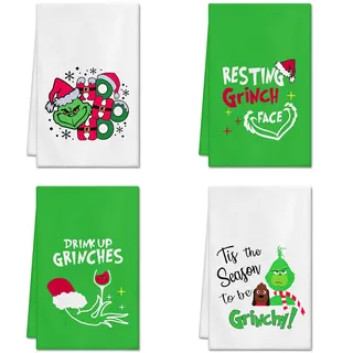 Ohok 4 Stück Weihnachten Handtücher 45x65 cm, Mode Dekoration Küchentücher Grich Weihnachtsmann Geschirrtücher Weiche Mikrofasertücher für Badezimmer Küche Trockentuch Weihnachten Deko (Set C)