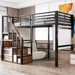Hochbett 90x200 cm mit Sicherheitsleiter – Eisenrahmenbett in Schwarz, Ablagefläche, Kinderbett, Einzelbett, 209x146x169 cm - Schwarz