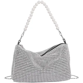 Damen-Clutches,Glitzer Tasche,Clutch Silber,Glitzer Abendtasche,Clutch mit Abnehmbarer Kette,Elegante Tasche Damen,Kristall Clutches Schultertaschen für Hochzeit Party Abend Bankett Freizeit Date