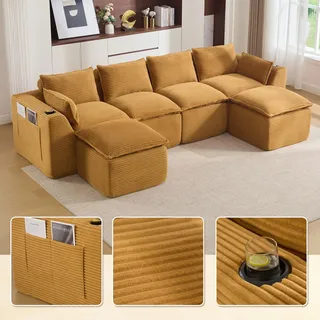 LVHOM XXL Modulsofa 4-Sitzer Cord, U-Form Wohnlandschaft mit Getränkehalter & Seitentaschen, Bigsofa, 322cm, Gelb - Gelb