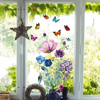 WandSticker4U®- wiederverwendbare Fensterbilder BLUMEN selbstklebend (32x55 cm) I Fenstersticker Frühling Blumen Pflanzen Fensteraufkleber Kinderzimmer Schlafzimmer Bad Küche Fenster Deko