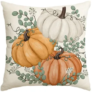 Artoid Mode DREI Orange Kürbisse Eukalyptus Herbst Kissenbezug, 50x50 cm Saisonnal Fall Zierkissenbezug Cushion Cover Couch Wohnzimmer Deko