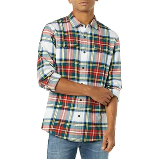 Amazon Essentials Herren Schmal geschnittenes Flanellhemd mit Langen Ärmeln und 2 Taschen, Rot Weiß Tartan Plaid, XXL