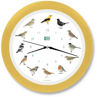 KOOKOO Singvögel Quarzwerk Creme-Gelb, Die Singende Vogeluhr, runde Wanduhr mit natürlichen Vogelstimmen