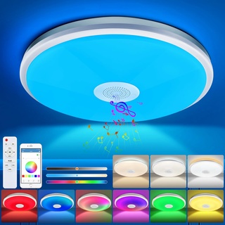 CheDux 48W LED Deckenleuchte Dimmbar mit Bluetooth Lautsprecher, Fernbedienung und APP-Steuerung, LED Deckenlampe mit RGB Farbwechsel, Musik für Schlafzimmer Wohnzimmer